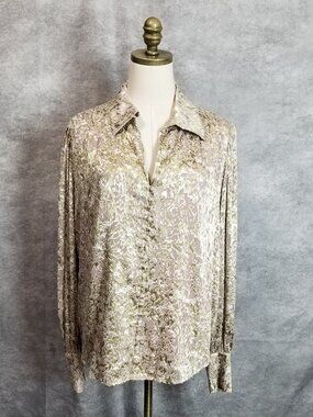 Elie Tahari Velvet Burnout Silk Blend Blouse Ethereal Champagne Toned Size L